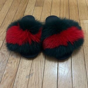 Real Fur Green and Red Gucci Style Fur Slides